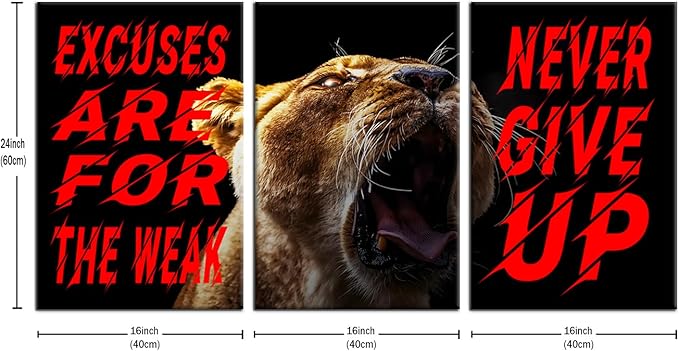 Motivational Wall Art Excuses Are for the Weak Poster Inspirational Quotes Never Give up Painting 3 Pieces Canvas Print Office Decor Inspiring Framed Decoration Ready to Hang [48''W x 24''H]