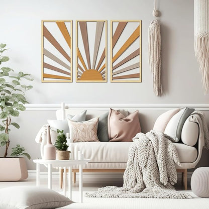 Suzile 3 Pcs Wall Sculptures Wooden Wall Decor Boho Geometric Line Hollow Wall Decor Mid Century Modern Decor Minimalist Geometric Art for Living Room Bathroom Bedroom Office Kitchen (Sunrise)