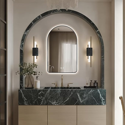 Niccy Arched LED Lighted Bathroom Mirror, 32x20 Inch Backlit Vanity Bathroom Mirror with Lights Brushed Black Framed Wall Mounted Mirrors with 3 Color Shatterproof Arch Smart Fog Free Mirror
