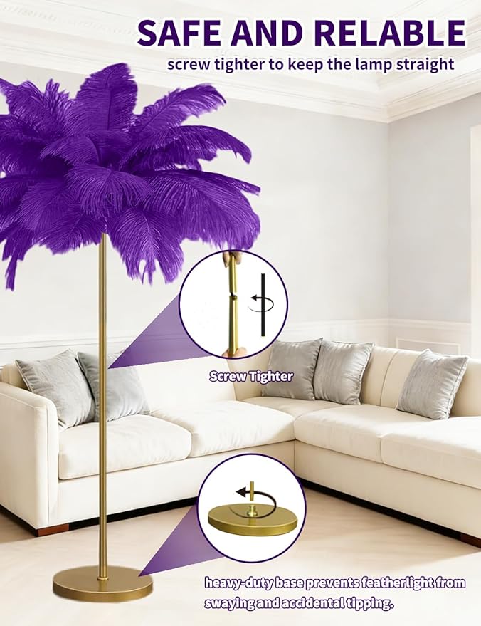 Feather Floor Lamp,Fluffy Ostrich Feather Floor Lamp for Bedroom,3 Color Temperatures Led Corner Modern Floor Lamps for Living Room Christmas Home Decor House Warming Gifts,63″ Height (Deep Purple)