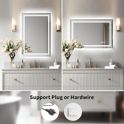 WTTY LED Bathroom Mirror with Backlit and Front Light,24"x32",Stepless Dimmable LED Mirror for Bathroom,Anti-Fog Lighted Bathroom Vanity Mirror Modern for Wall,Memory Function,Shatter-Proof
