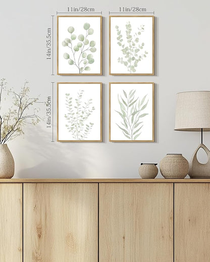 Drsoum Botanical Plant Framed Wall Art Boho Wall Decor for Bathroom Sage Green Eucalyptus Leaf Prints Minimalist Aesthetic Ready to Hang Set of 4, 11x14 in (Natural Framed)