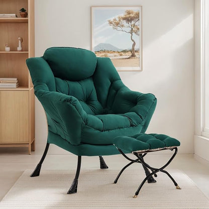 Lazy Chair with Ottoman, Large Dark Green Accent Chair with Ottoman, Comfy Reading Armchair, Leisure Sofa Chair for Living Room, Bedroom, Dorm Room, Office