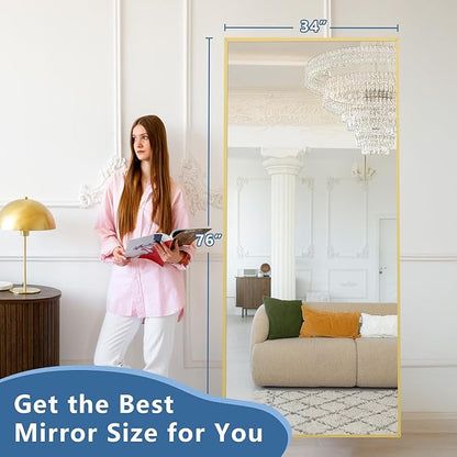Full Length Mirror with Stand 76"x34" Extra Large Gold Floor Mirror, Rectangle Standing Mirror for Living Room Bedroom Cloakroom Gym, Thin Aluminum Frame, Tempered Glass