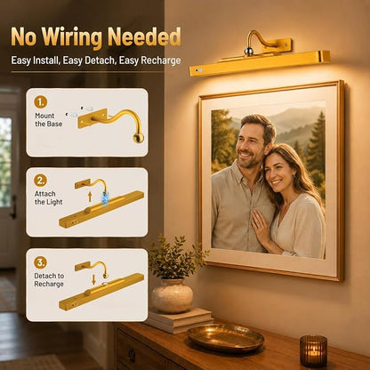 16" Gold Picture Light for Wall, Battery Operated Rechargeable Art Light with 6000mAh Battery, Motion Sensor, Remote, 3CCT Dimmable Cordless Painting Light for Artwork, Gallery, Hallway, 1 Pack