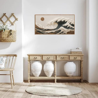 HLNIUC Boho Sea Great Wave Framed Canvas Wall Art,Vintage Japanese Ocean Horizontal Wall Decor,Large Abstract Nature Artwork(40x20),Neutral Sun Seascape Prints for Living Room,Bedroom,Office