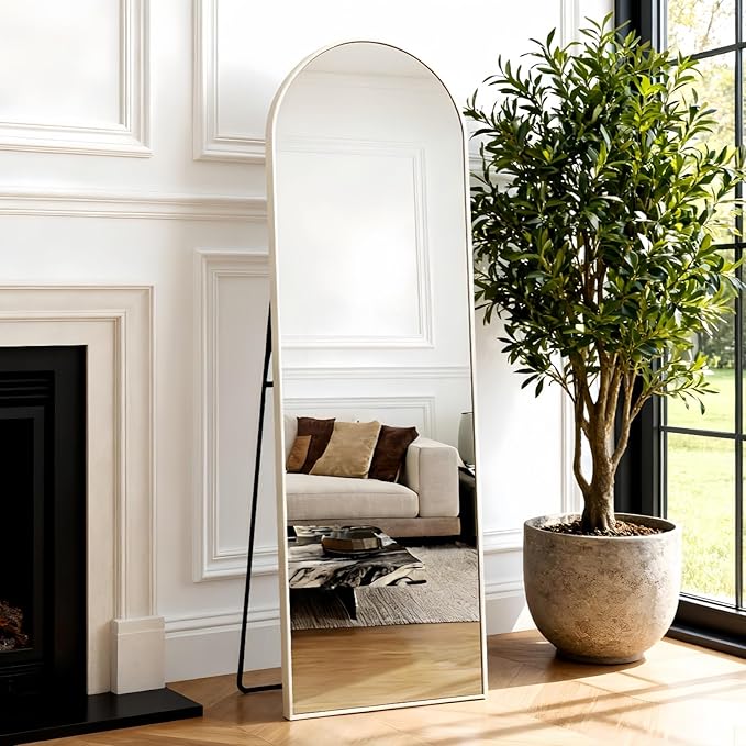Dewfig Door Mirror with Stand, Arched Full Length Mirrors Over The Door, 16"x 50" Hanging or Wall Mirror, Full Body Mirrors for Bedroom,Living Room,White