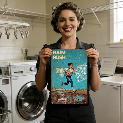 Rain Rush Laundry Vintage Tin Sign Funny Sarcastic Retro Housewife Design Mom Laundry Room Wall Decor 12x8 Inch