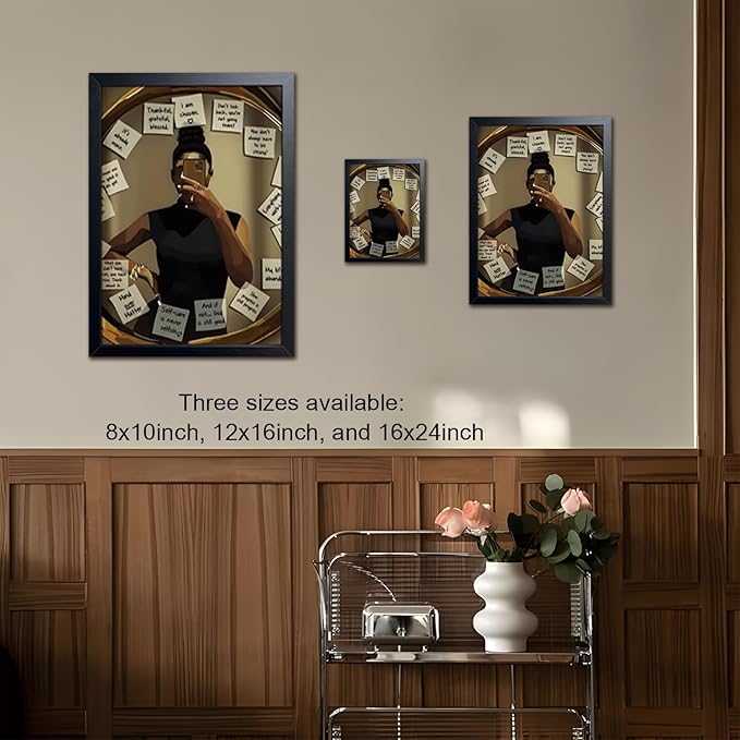 Wood Framed Black Girl Wall Art, African American Woman Canvas Print with Motivational Quotes, Christian Inspirational Wall Decor, Modern Fashion Black Woman Poster for Bedroom Living Room 16x24 Inch