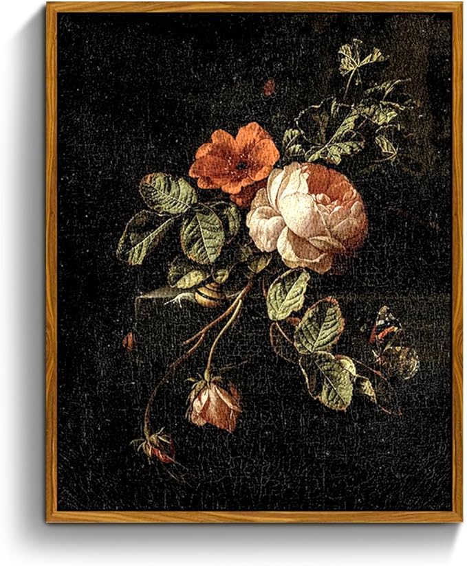 crmotu Floral Framed Wall Art, Flower Vintage Botanical Prints, Moody Rose Butterfly Canvas Pictures, Dark Academia Mid Century Modern Home Wall Decor for Bedroom Kitchen Office Desktop 8x10in