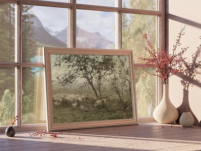 uniro Vintage Wall Art Prints for Home Decor, Farmhouse Spring Decor Rustic Sheep Pasture Canvas Prints Paingting, Vintage Cottage Landscape Wall Decor, Vintage Art Pictures for Bedroom Bathroom Decor( 8" x 10"-UNFRAMED)