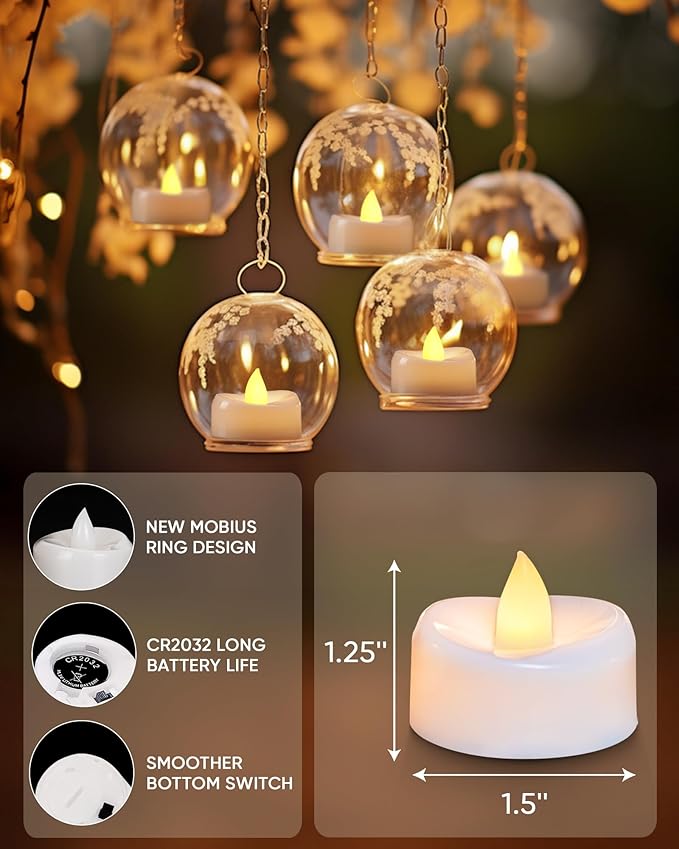 merrynights LED Candles, 50Pack Tea Lights Candle Battery Operated Bulk, Flameless Tealight Candle, Realistic Tea Lights for Christmas Halloween Wedding Diwali Decor, 1.5'' D X 1.25'' H, Warm Yellow