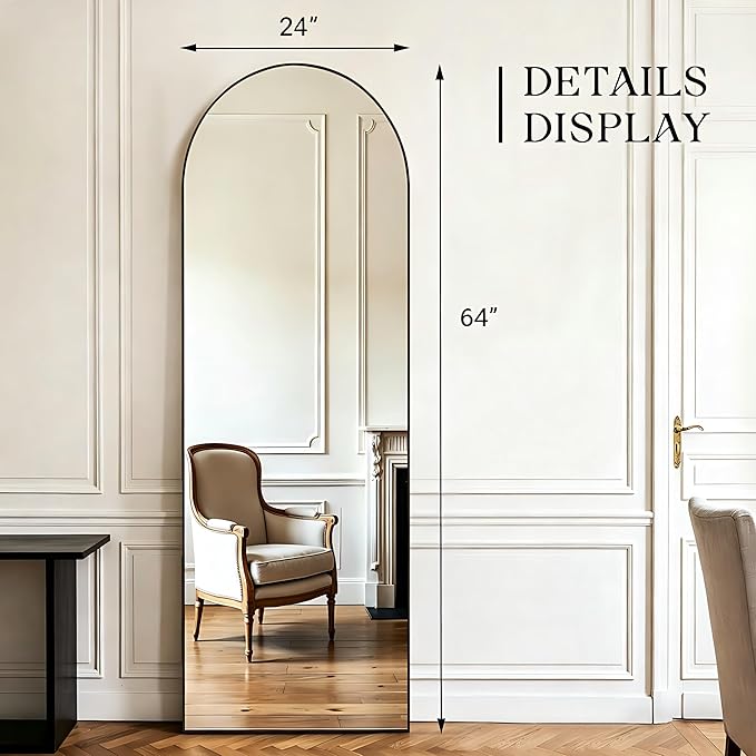 MISSDAY 64"x24" Arched Full Length Mirror, Full Body Mirror with Stand, Floor Mirror Long Free Standing, Leaning or Hanging, Aluminum Thin Frame Wall-Mounted Mirrors Wall Mirrors for Bedroom, Black