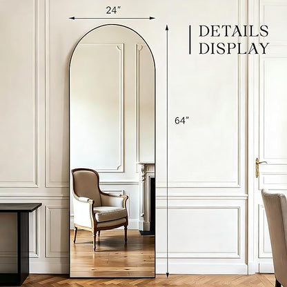 MISSDAY 64"x24" Arched Full Length Mirror, Full Body Mirror with Stand, Floor Mirror Long Free Standing, Leaning or Hanging, Aluminum Thin Frame Wall-Mounted Mirrors Wall Mirrors for Bedroom, Black