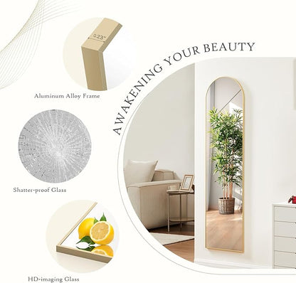 Arched Mirror Full Length, Upgraded 16"x59" Body Wall Mirrors with Shatter-Proof Glass, Floor Standing, Hanging or Leaning, Tall Arch Mirror with Stand Aluminum Alloy Frame for Bedroom, Gold