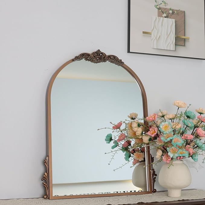 32''x24'' Antique Gold Arched Wall Mirror with Metal Flower Carving Frame, Small Vintage Retro Baroque Mirror Ornate, Vanity Mirror for Bathroom, Fireplace,Entryway, Living Room