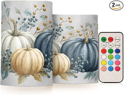 Thanksgiving Fall Autumn Pumpkin Blues Flickering Flameless Candles Battery Operated with Remote Timer,Tea Light Candles LED Pillar Votive Candles Set of 2 for Outdoor Indoor Decorations