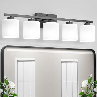 Honesorn 5-Light Vanity Lights, Matte Black with Frosted Shade & Anti-Rust Nickel Finish, Modern Bathroom Over Mirror Light Fixtures