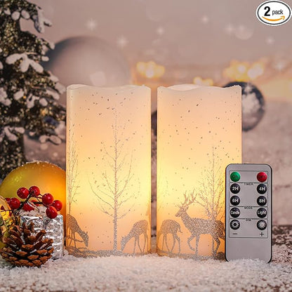 2Pack Christmas LED Flameless Candles Flickering, Battery Operated Wax Candles with Timer Remote, Realistic Pillar Candles with Forest Deer Decal for Home Decorations Christmas Gifts [Silver, 3"X6"]
