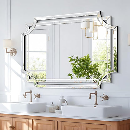 Chende 32" x 47" Large Wall Mirror for Living Room Decor, Modern Unique Decorative Mirror with Beveled Glass Scalloped Corner, Horizontal or Vertical Hanging for Entryway, Dining Room, Bathroom