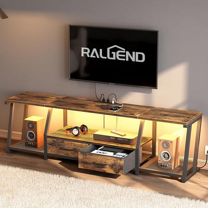 RALGEND LED TV Stand for 80 Inch TV, Entertainment Center with Open Shelves and Power Outlets, TV Console Table with Fabric Drawers, Media Console for Living Room, Bedroom, Rustic Brown and Black