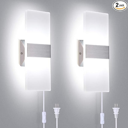 TRLIFE Modern Wall Sconces Set of 2, Wall Sconce Plug in 12W LED 6000K Cool White Acrylic Wall Mounted Light Wall Lights with 6FT Plug in Cord for Bedroom Bedside Stairway(2 Pack, Silver)