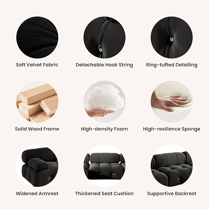 138'' Modular Sectional Couch, U-Shaped Velvet Sofa with Reversible Chaise Ottoman, Minimalist 6-Seat Bubble Sofa, Modern Black Sectional Couches for Living Room, Apartment (6 Seats, Black)