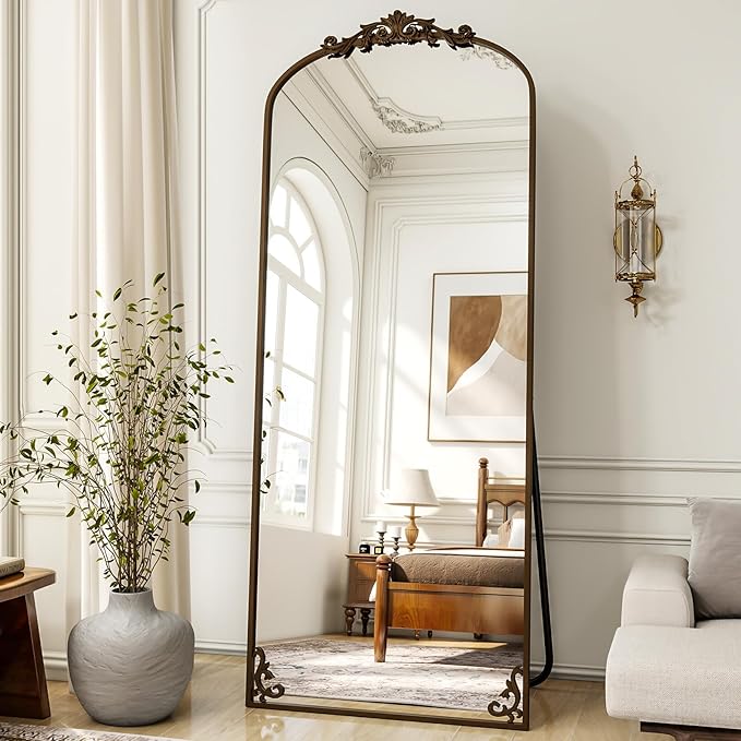 XRAMFY Arched Full Length Mirror, 71'' x 28'' Vintage Full Body Mirror with Carved for Home Decor, Standing Floor Mirror for Wall for Living Room, Bedroom, Cloakroom, Bronze, Retro Style