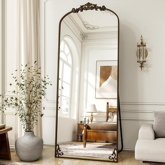 XRAMFY Arched Full Length Mirror, 71'' x 28'' Vintage Full Body Mirror with Carved for Home Decor, Standing Floor Mirror for Wall for Living Room, Bedroom, Cloakroom, Bronze, Retro Style