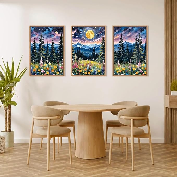 DRACIT Vintage Colorful Mystical Forest Moon Framed Canvas Wall Art Set,Dreamy Moonlit Nature Wilderness Wall Decor,Abstract Midnight Mountain Wildflowers Pine Tree Landscape Artwork for Living Room-24"x36"x3