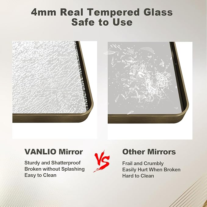 48x36 Bronze Framed Bathroom Mirror, Rectangle Brushed Bronze Metal Vanity Mirror, Large Modern Mirror for Wall, Rounded Corner, Tempered Glass, Anti-Rust, Shatterproof (Horizontal/Vertical)