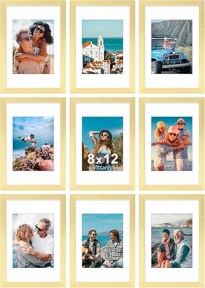 Vittanly 8x12 Picture Frames Set of 9, Shatter Resistant Plexiglass, Display 6x8 Pictures with Mat or 8x12 without Mat, Photo Frames for Wall or Tabletop, Engineered Wood, Gold