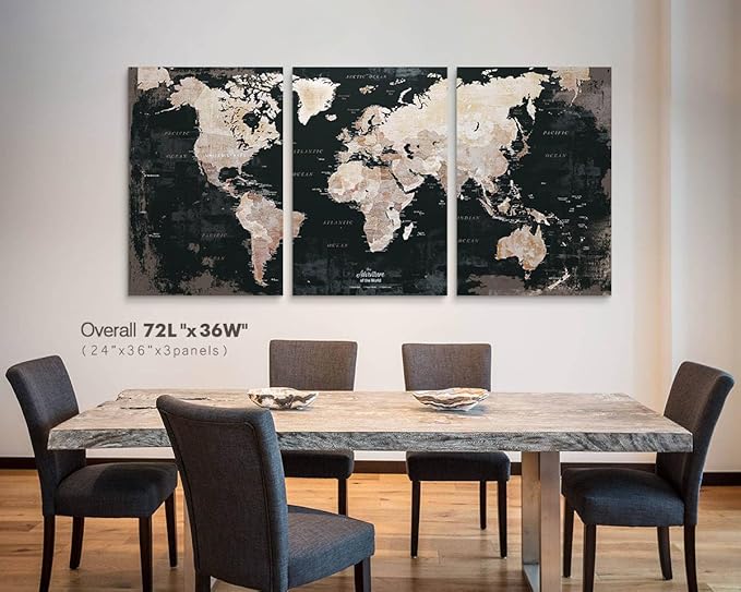 Wall Art Office Travel Map Oversized Motivational Artwork Wall Decor Living Room Black Pictures for Bedroom Dining Room Kitchen Decor