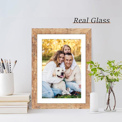 iRahmen 10x14 Picture Frame Set of 2 with Tempered Glass, Rustic Brown Wood Frames Display 8x12 Picture with Mat or 10 x 14 Without Mat for Horizontal or Vertical Wall Mounting