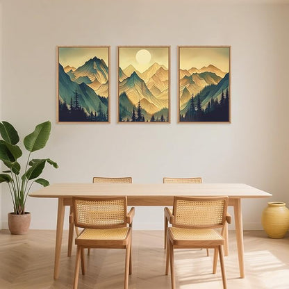 Mountains Forests Framed Canvas Wall Art Set, Abstract Woodland Painting, Boho Scenery Sun Wall Decor, Natural Woodgrain Art Print for Living Room, Bedroom, Dining Room, Office - 24"x36"x3