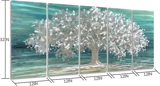 Yihui Arts Tree Of Life Metal Wall Art Handcrafted Aluminum Artwork Teal and Silver Abstract Nature Pictures in 5 Pieces for Living Room Bedroom Bathroom Decor