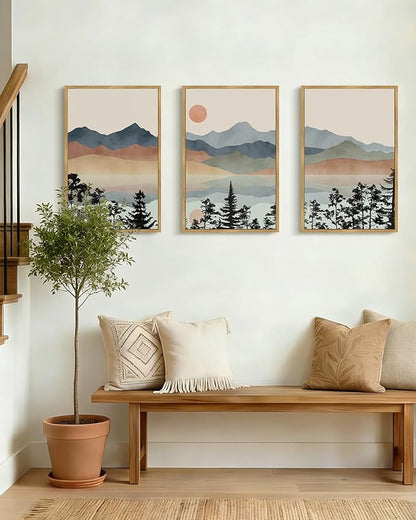 Drsoum Mountain Range Landscape Wall Art Framed Ink Wash Watercolor Nature Wall Decor Laker Sun Rises Prints Bedroom Living Room Ready to Hang 16x24in Natural Framed