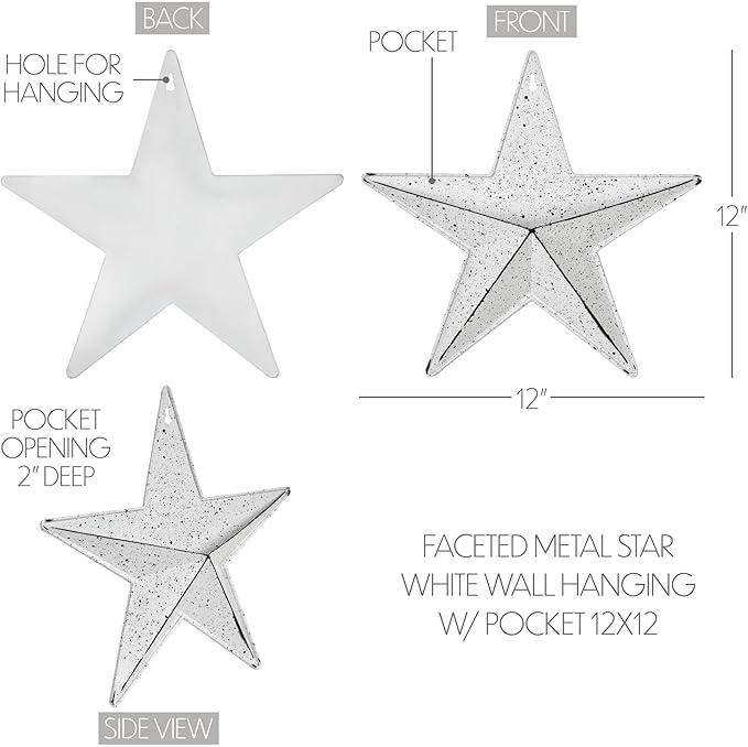 VHC Brands Patriotic Faceted Metal Star Wall Hanging - 12x12, Distressed Appearance, Independence Day Decor, American Star with Display Pocket