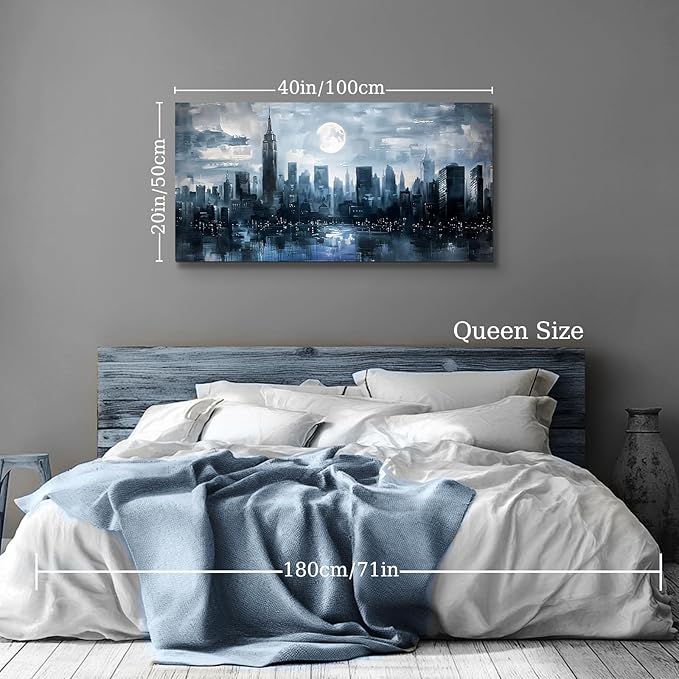 SERIMINO New York City Wall Art, Modern Urban Abstract Large Artwork, Moon Night Landscape Canvas Painting, Blue Impressionist Pictures Wall Decor Living Room Bedroom, Office Art Prints 20X40 Inch