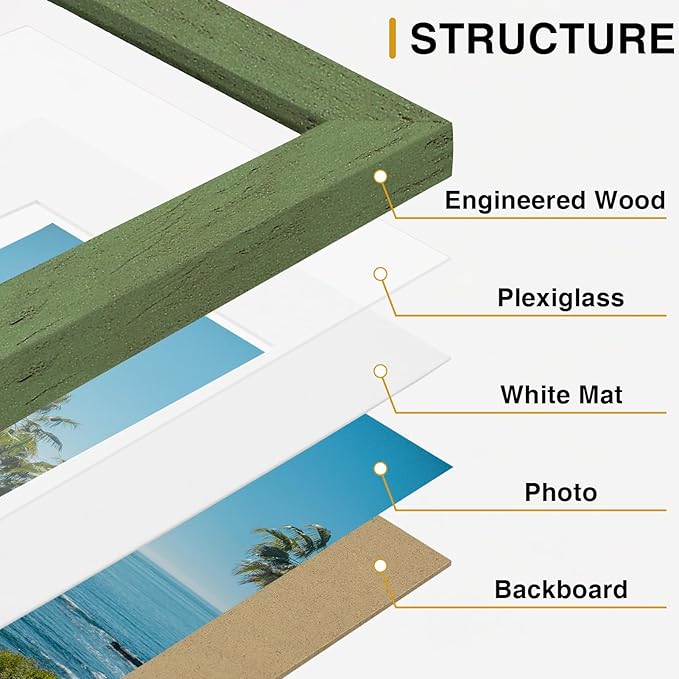 Vittanly 12x12 Picture Frames Set of 9, Display 8x8 Pictures with Mat or 12x12 without Mat, Photo Frames for Wall Mount, Engineered Wood, Rustic Green
