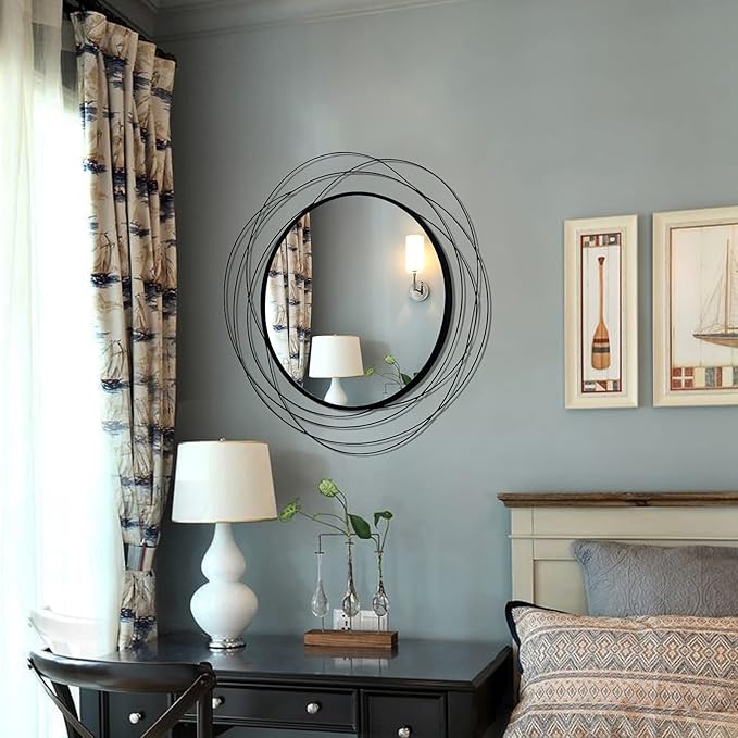 ironsmithn Round Wall Mirror, Black Metal Frame Mirror with Orbital Design, Rounded Hanging Mirrors Decorative, Circle Mirrors for Bathroom Vanity Living Room Bedroom, 26.8" x26.8"