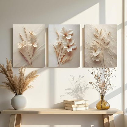 FYLDPSB 3Pcs Unframed Neutral Beige Floral Canvas Wall art, Modern Simple Texture Plant Painting Wall Decor, Vintage Flower Poster Prints for Living Room Bedroom Farmhouse Ready to Hang 24''L x 16''W