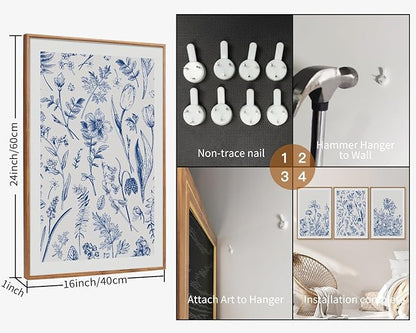 SIGNINART Classic Chinoiserie Framed Canvas Wall Art Set, Blue and White Floral Art Painting, Minimalist Botanical Flower Artwork, Navy Blue Wall Decor for Bedroom, Living Room, Office 24"x36"x3
