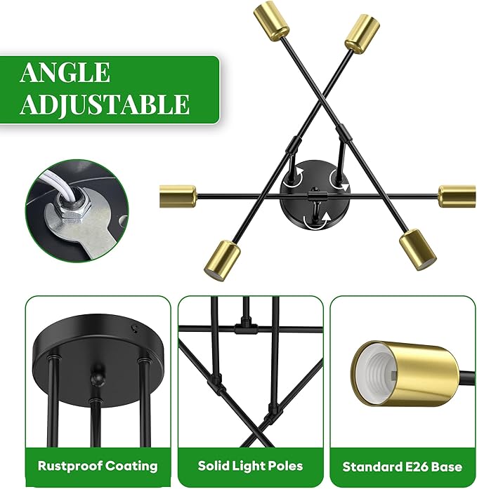 Modern Sputnik Chandelier Ceiling Light Fixtures, 6-Lights 22” Mid Century Industrial Metal Semi Flush Mount for Dining Room, Bedroom, Living Room-Black and Gold