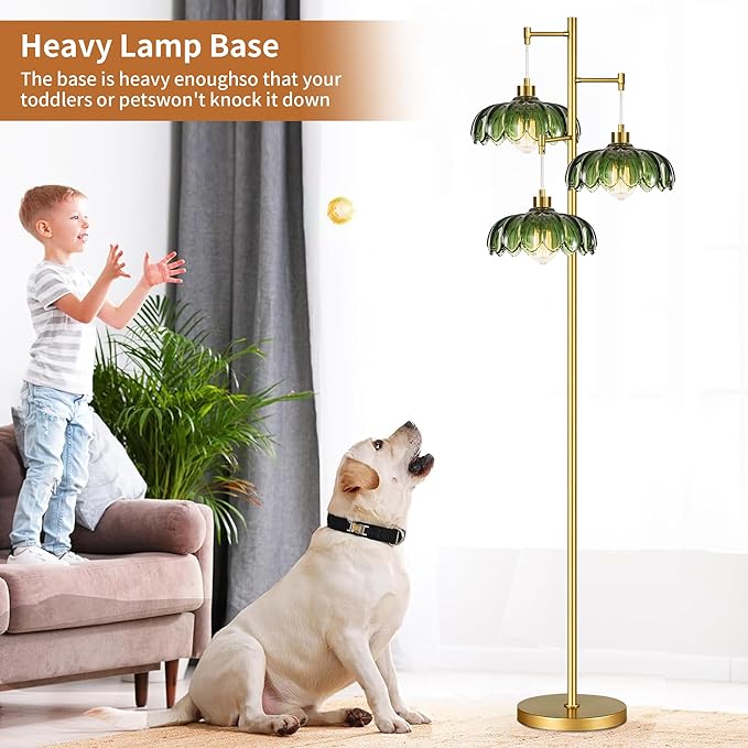 AHDWDW Gold Floor Lamp for Living Room Bedroom,Modern Floor Lamps with Unique Green Glass Shades,3 Lights Mid Century Tall Standing Lamp,Vintage Tree Flower Floor Lamp for Corner Office Reading
