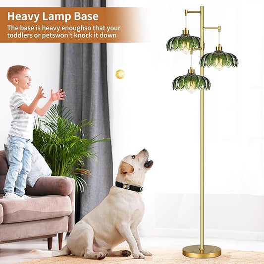 AHDWDW Gold Floor Lamp for Living Room Bedroom,Modern Floor Lamps with Unique Green Glass Shades,3 Lights Mid Century Tall Standing Lamp,Vintage Tree Flower Floor Lamp for Corner Office Reading