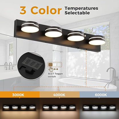 26In Motion Sensor Vanity Light, Matte Black 3CCT 4-Light Modern LED Bathroom Lighting Fixtures Over Mirror, Dimmable Rotatable Head Wall Sconce, 3000K-6000K Color Selectable