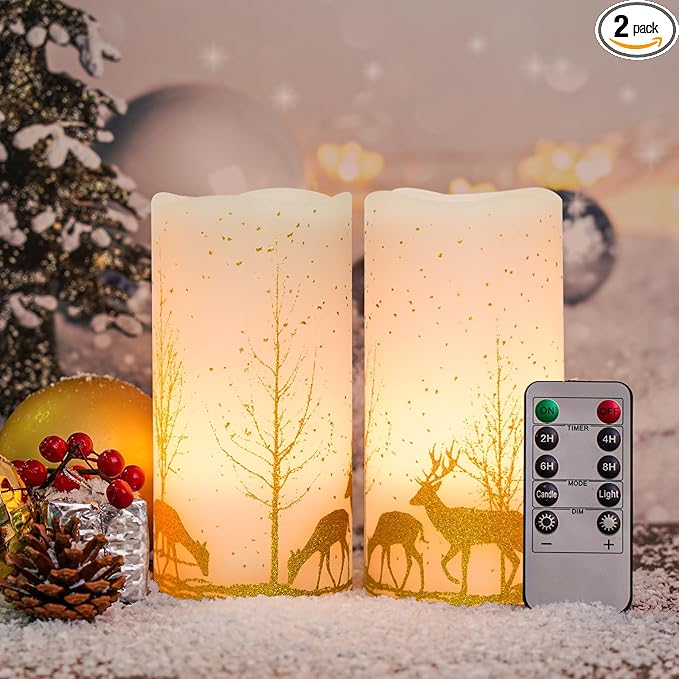 2Pack Christmas LED Flickering Flameless Candles, Battery Operated Wax Candles with Timer Remote, Flameless Pillar Candles with Forest Deer Decal for Home Decorations Christmas Gifts [Gold, 3"X6"]