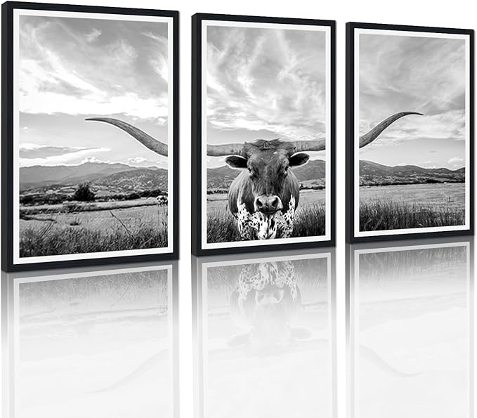 Western Cow Black Framed Canvas Wall Art Funny Highland Cow Rustic Art Poster Wall Decor Vintage Grey Animal Artwork for Country Apartment Living Room Bedroom Decor Easy to Hand 24x36inchx3pcs