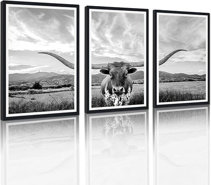 Western Cow Black Framed Canvas Wall Art Funny Highland Cow Rustic Art Poster Wall Decor Vintage Grey Animal Artwork for Country Apartment Living Room Bedroom Decor Easy to Hand 24x36inchx3pcs